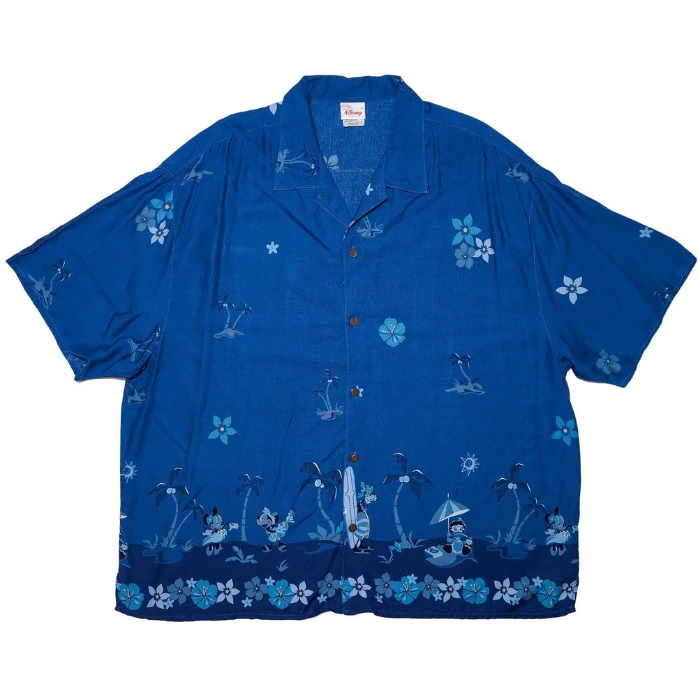 DISNEY STORE Hawaiian Shirt Mens XXL Blue Mickey Minnie Goofy Donald Aloha